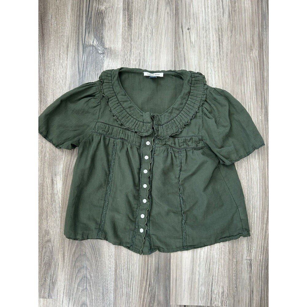 American Eagle Ruffled Short Sleeve Button Up Blouse Olive Green XS Cottagecore